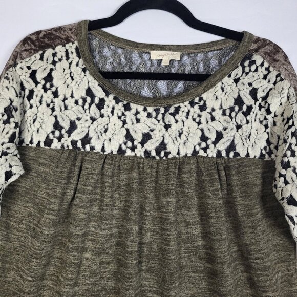 Mystree Boho Top Blouse Women's Small Olive Green Burnout Velvet Lace Whimsigoth - Picture 3 of 9